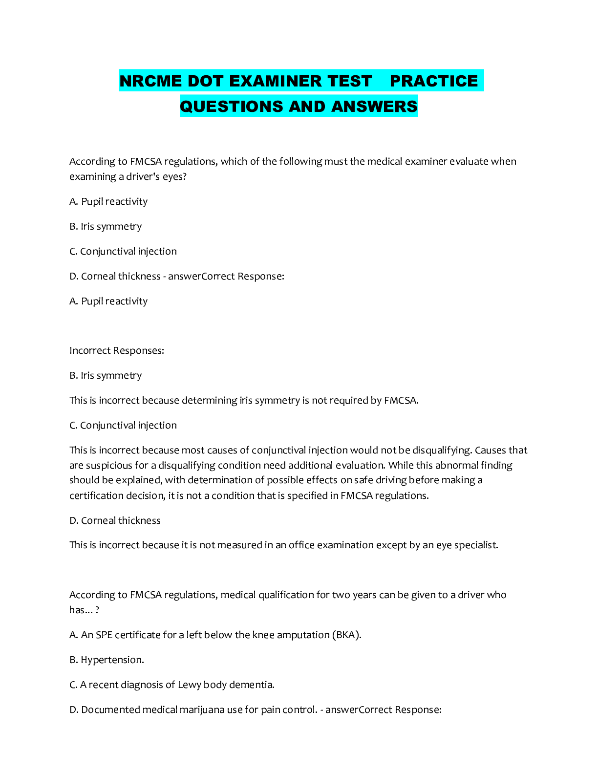 Preview image for NRCME DOT EXAMINER TEST  PRACTICE QUESTIONS AND ANSWERS